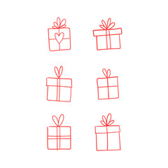 Valentine's day gift boxes, hand drawn illustration. Present packaging with ribbon doodles.