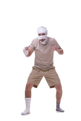 Man after car accident isolated on white