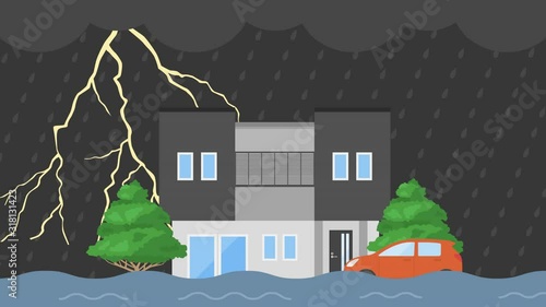 雷雨と洪水のイラスト Wall Mural Wallpaper Murals R Design