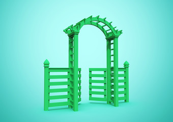 Wooden decorative fence with an arch. 3D rendering.