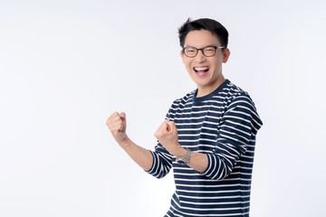 Fototapeta premium smart attractive asian glasses male hand rise up cheerful exited standing and smile with freshness and joyful casual blue shirt portrait white background