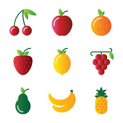 Fruit icon set include fruit, cherry, food, healthy food, apple, orange, strawberry, lemon, wine, grape, avocado, banana, pineapple