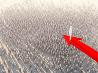 3D illustration successful leadership businessman stand on red arrow top of crowd people take control and organize business strategy ideas concept