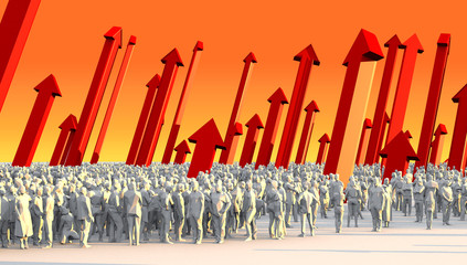 3D illustration red growth strength and powerful arrow with crowd businessman successful business achievement ideas concept on white floorand red hot background