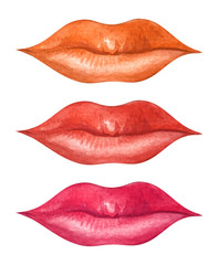 Female bright red lips. Lips painted with lipstick. Kiss. Decorative element. Hand-drawn watercolor illustration on a bright background