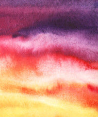 Abstract watercolor background. A rainbow gradient from yellow to red to purple. Sunset sky with clouds. Warm range of colors. Hand drawn watercolor illustration