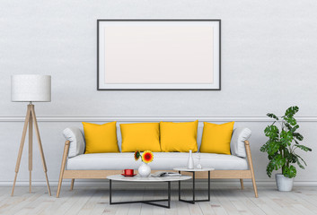 mock up poster frame in interior living room and sofa, 3D render