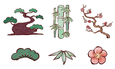 Hand-drawn-pine,bamboo,plum-blossom-icon-illustration(Watercolor-style)