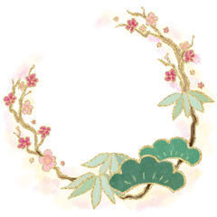 Hand-drawn-pine,bamboo,Plum-blossom-frame-illustration(gold-leaf-style)