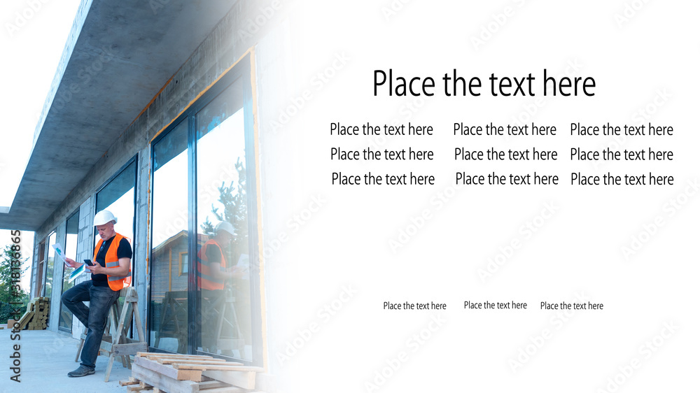 Aufkleber builder with a phone in his hands. place for text. a man in a building uniform. man at the construct