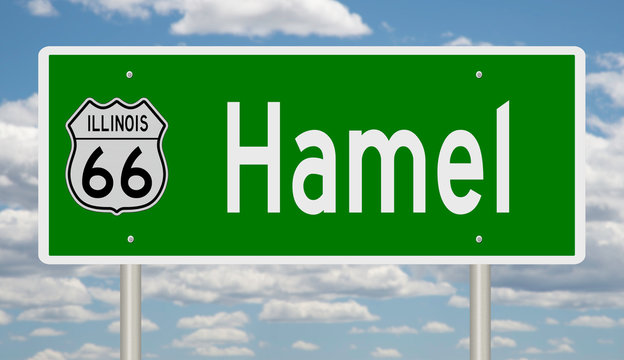Rendering of a green 3d highway sign for Hamel Illinois on Route 66