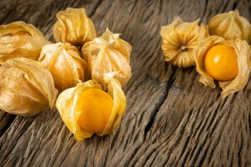 Cape Gooseberry (Physalis  Peruviana) or Ground cherries, Physalis minima, Pygmy ground cherry, Inca berry, Golden strawberry, Strawberry tomato, Husk tomato on wooden table.