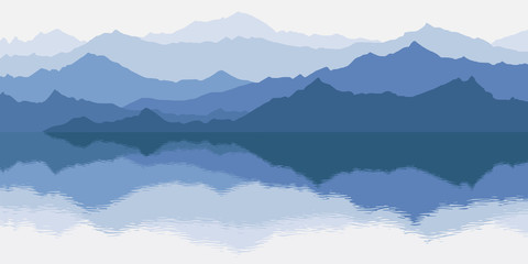 Fantasy on the theme of the morning landscape. Picturesque reflection in the lake, mountains in the fog. Vector illustration.