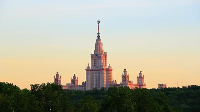 Moscow city center. Boat trip on the Moscow river. The famous Stalinist skyscrapers. MSU Moscow State University and hotel Ukraine. USSR architecture Soviet Union building. High-rise of Stalin period.