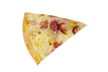 Slice of pizza with sausage, red onion and cheese isolated on white background