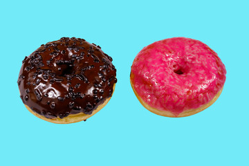 Tasty chocolate and pink donuts on blue background