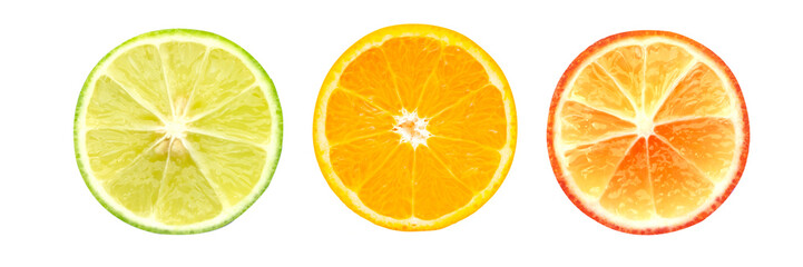 Orange and lemon, lime. Slices isolated on white background. Citrus fruit.