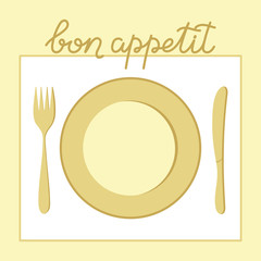 Inscription Bon appetit. Plate, fork, and knife. Insulated Cutlery on a white napkin. Dinnerware. Vector illustration for your design
