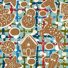 Cute Winter Seamless Pattern with gingerbread cookies.