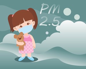 Little girl wearing mask against smog. Fine dust, air pollution, industrial smog protection. kids in masks because of fine dust PM 2.5, cartoon concept flat style design vector illustration.