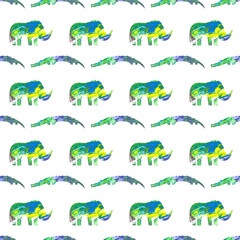 Seamless pattern of colorful watercolor paper collage of African animals: rhinoceros and crocodiles on white background. Cute characters made of hand made craft paper on endless print.
