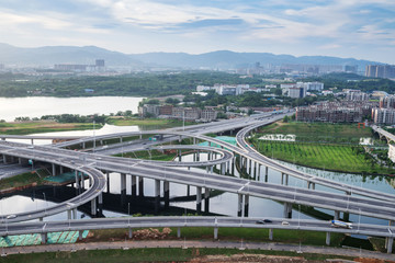 city highway interchange in shanghai on traffic rush hour