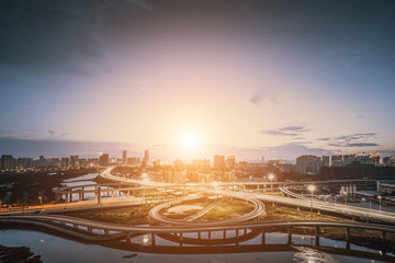 shanghai interchange overpass and elevated road in nightfall