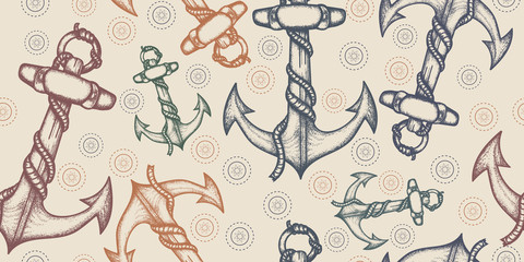 Ships anchor and rope. Seamless pattern. Packing old paper, scrapbooking style. Vintage background. Medieval manuscript, engraving art. Sea adventure concept