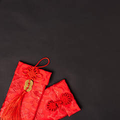 Chinese new year festival concept, flat lay top view, Happy Chinese new year with Red envelope