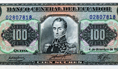 Simon Bolivar, portrait from Ecuador 100 Sucres 1988 banknote. An Old paper banknote, vintage...
