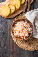 Curtido - lightly fermented cabbage relish with Pupusa. Typical in Salvadoran cuisine and Central American countries