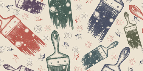 Brush draws universe. Seamless pattern. Packing old paper, scrapbooking style. Vintage background. Medieval manuscript, engraving art. Symbol of space, universe,dream, imagination, creative idea © intueri