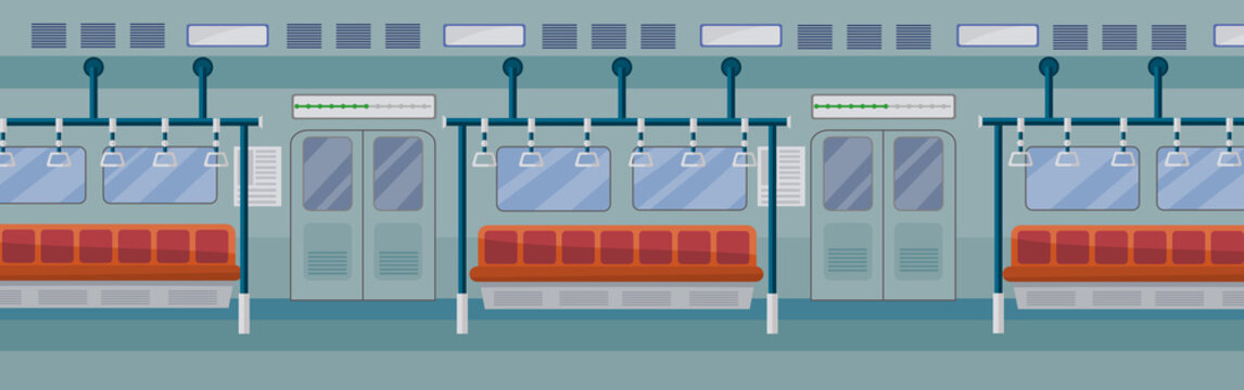 Vector illustration of empty subway interior with bars, seats and door panoramic view - City public transport concept.