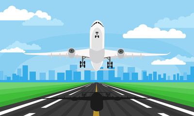 Vector illustration of the airplane takeoff or landing from runway with big city silhouette and blue sky with clouds