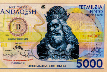 King Astar Qesh, portrait from Nation of Andaqesh 5000 Finto 2014 banknotes, Fantasy Note....
