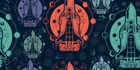 Space shuttle. Seamless pattern. Packing old paper, scrapbooking style. Vintage background. Medieval manuscript, engraving art. Symbol of flight to new galaxies © intueri