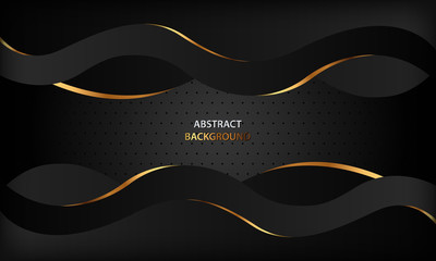 Abstract black luxury wave background with golden line elements. Modern and elegant paper cut style design template. Fluid dynamic composition for banner, flyer, cover and card.
