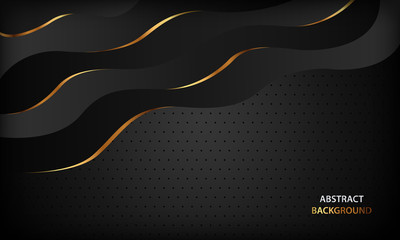 Abstract black luxury wave background with golden line elements. Modern and elegant paper cut style design template. Fluid dynamic composition for banner, flyer, cover and card.