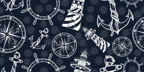 Anchor, steering wheel, compass and lighthouse. Seamless pattern. Packing old paper, scrapbooking style. Vintage background. Medieval manuscript, engraving art. Symbols of adventure voyage, tourism