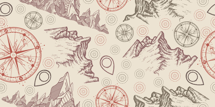 Mountains, compass, map pointer, tourist. Seamless pattern. Packing old paper, scrapbooking style. Vintage background. Medieval manuscript, engraving art. Symbols of mountaineering, adventures