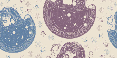 Woman in space. Seamless pattern. Packing old paper, scrapbooking style. Vintage background. Medieval manuscript, engraving art. Surreal girl sinks in universe. Symbol of magic, esoterics