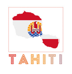 Tahiti Logo. Map of Tahiti with island name and flag. Powerful vector illustration.