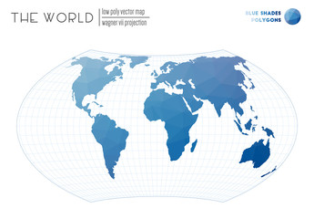 Polygonal world map. Wagner VII projection of the world. Blue Shades colored polygons. Modern vector illustration.