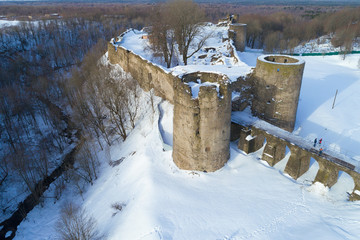 Ancient Russian fortress in Koporye on a February day (aerial photography). Leningrad region, Russia