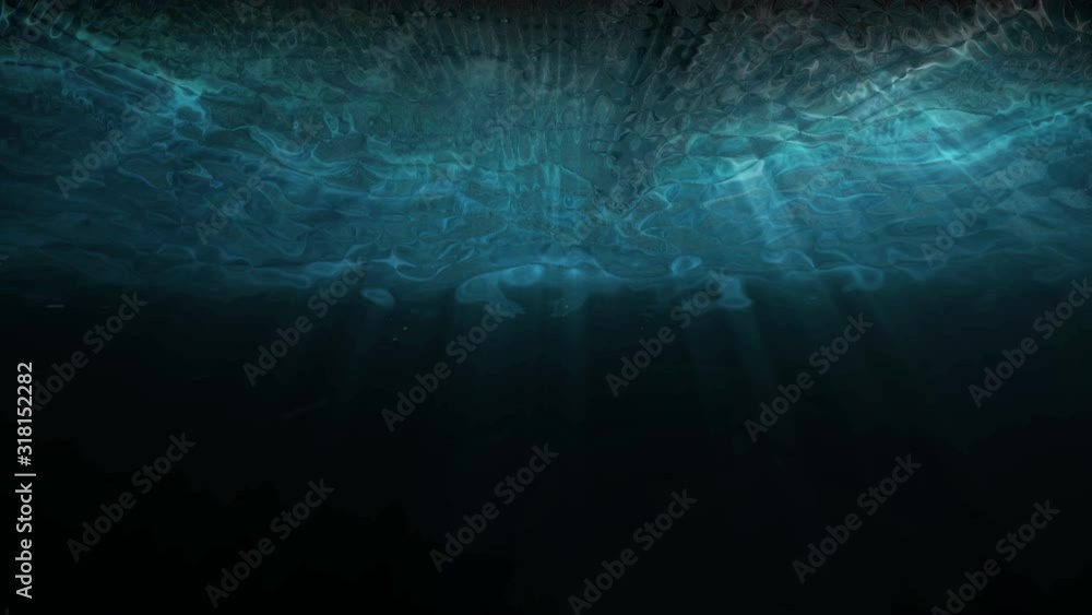Poster seamless looping scuba diving through deep blue underwater with sunlight rays shining through ocean 