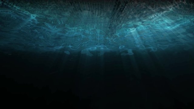 Seamless looping scuba diving through deep blue underwater with sunlight rays shining through ocean surface. 3D motion graphic rendering seamless loop animation scene. Nature background. Moving camera