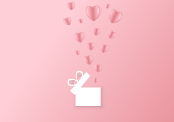 Valentines hearts with gift box postcard. Paper flying elements on pink background. Vector symbols of love in shape of heart for Happy Women's, Mother's, Valentine's Day, birthday greeting card design