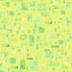 Watercolor yellow-green rectangles and squares on lemon background. Seamless pattern. Design for backgrounds, wallpapers, covers, textile and packaging.