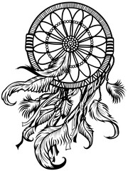 Dreamcatcher, traditional native american indian symbol. Black and white vector illustration