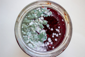 Mold in a jar of jam. Hazardous to health. Mold.